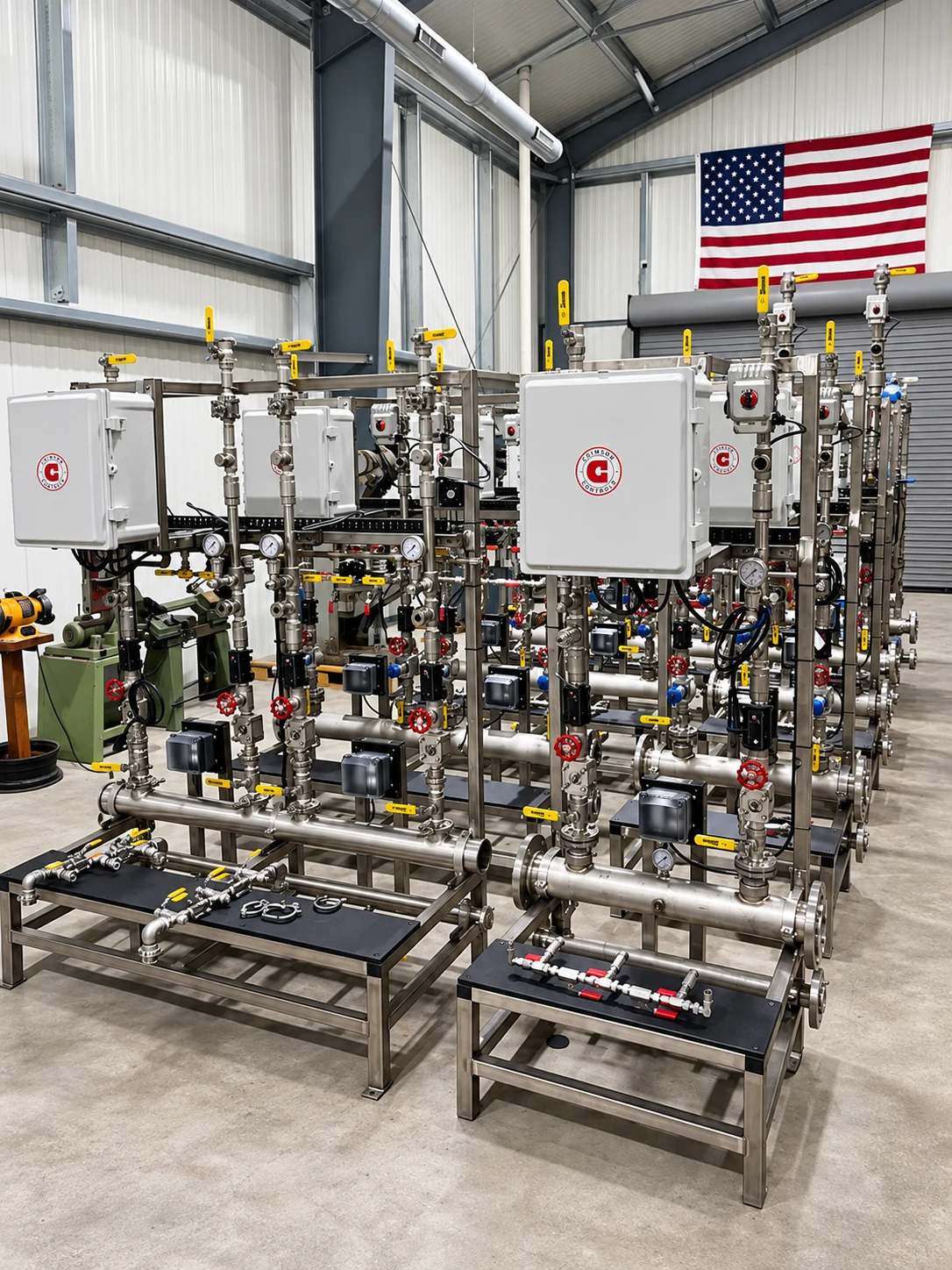 Process instrumentation skids with stainless piping, valves, and control enclosures in a workshop