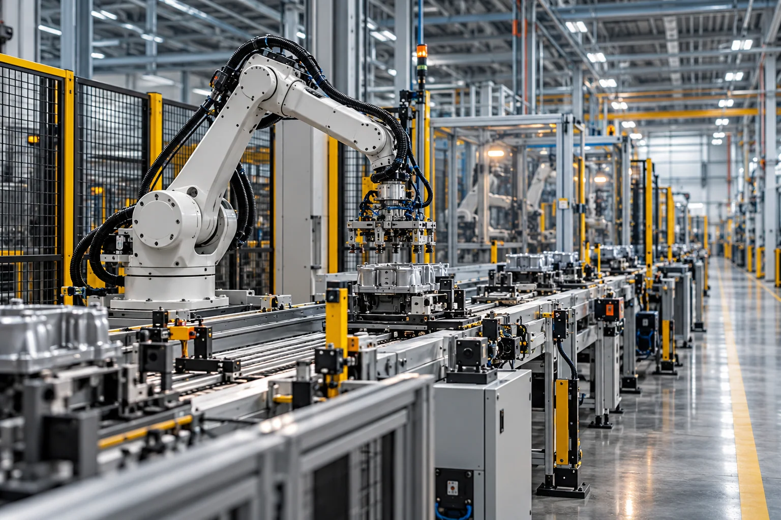 Modern robotic automation and guarded industrial production equipment