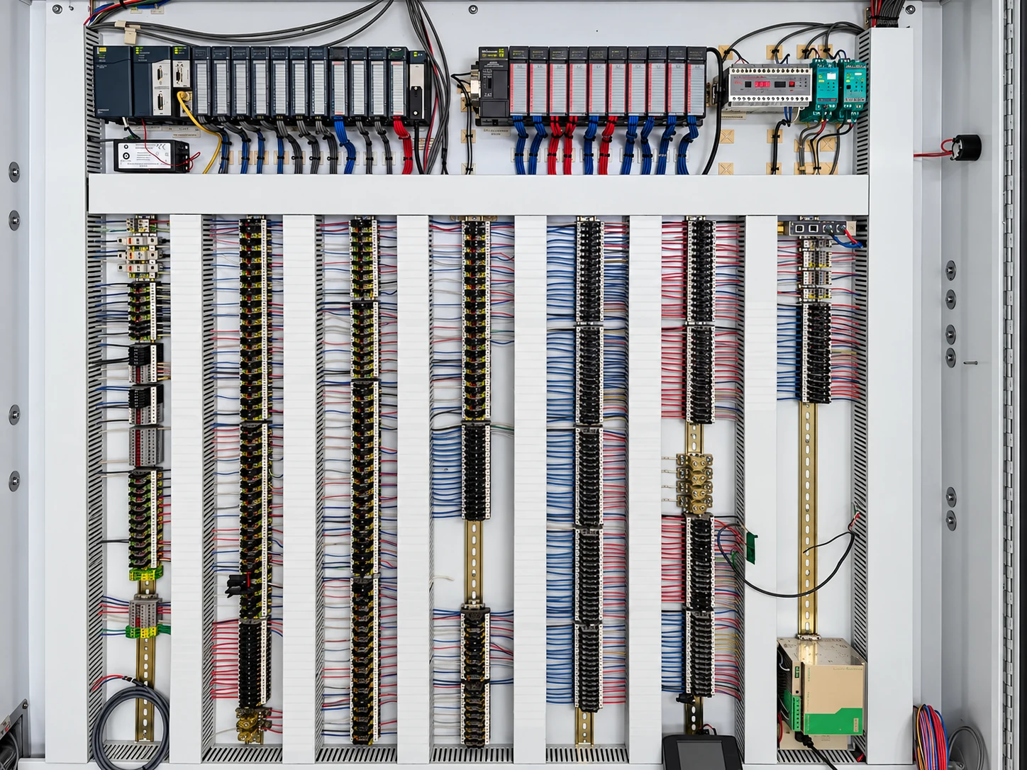 Industrial control cabinet with two PLC and I/O racks, terminal strips, and field wiring