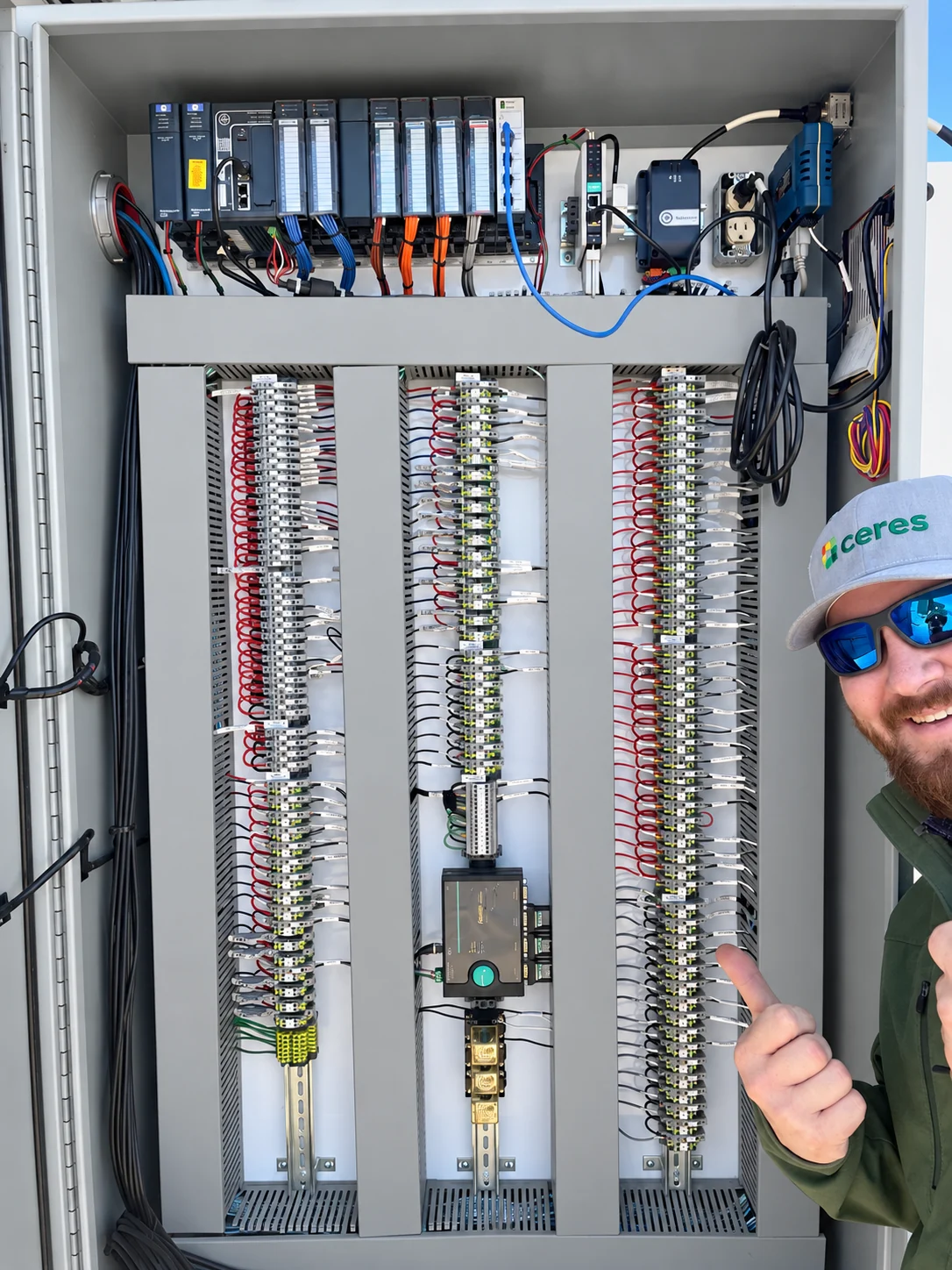 Industrial control cabinet with PLC and I/O modules, labeled terminal strips, and field wiring