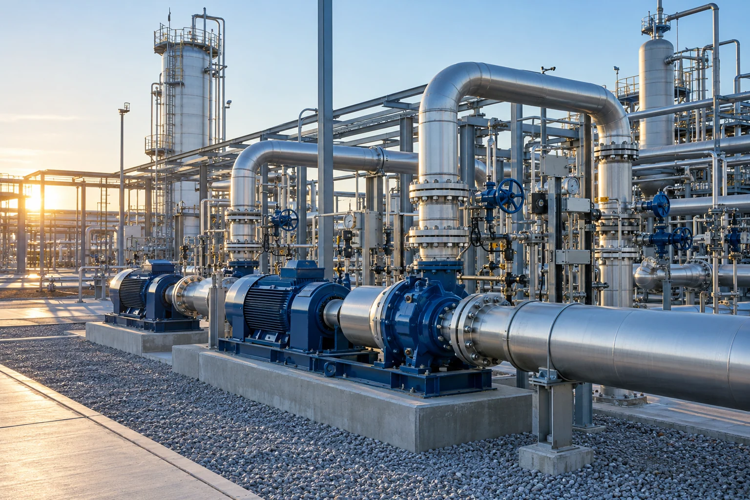 Modern process pumps, control enclosures, and instrumentation at an energy facility