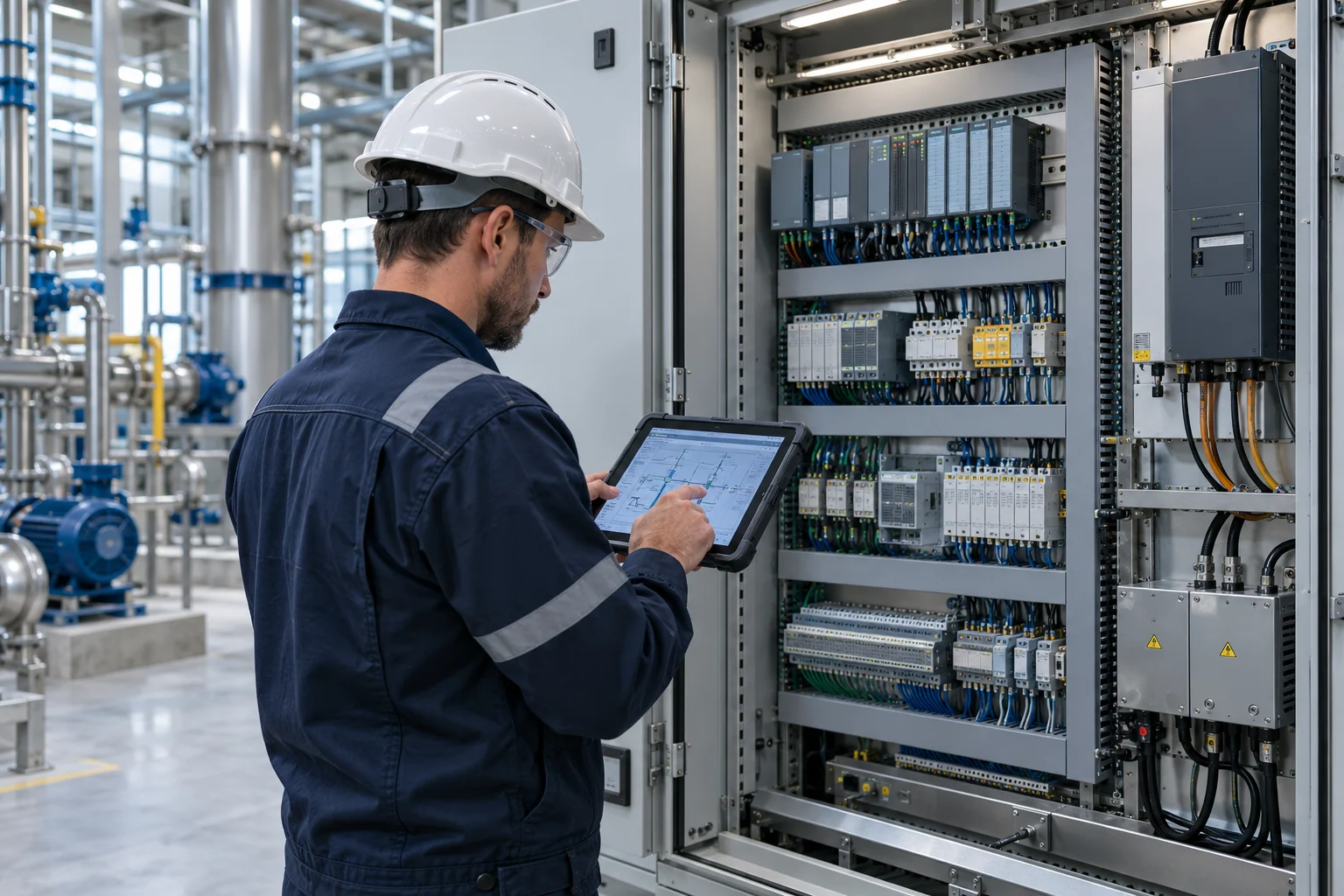 An automation field technician inspecting a PLC cabinet with a tablet