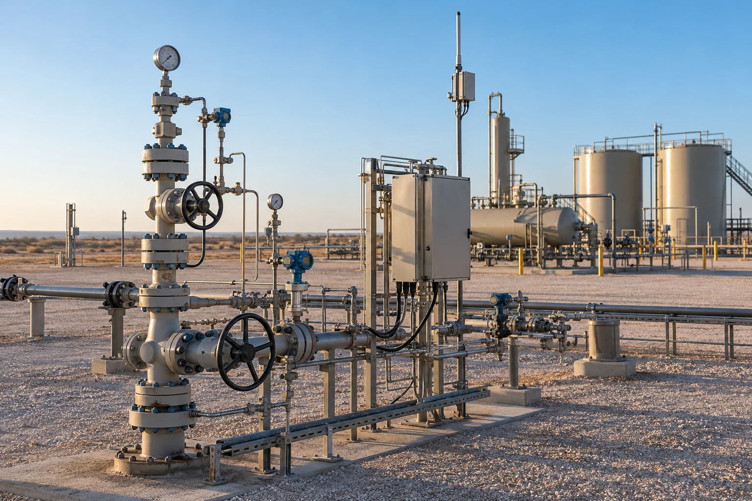 An upstream production well pad with wellhead piping, instrumentation, tanks, and a telemetry enclosure