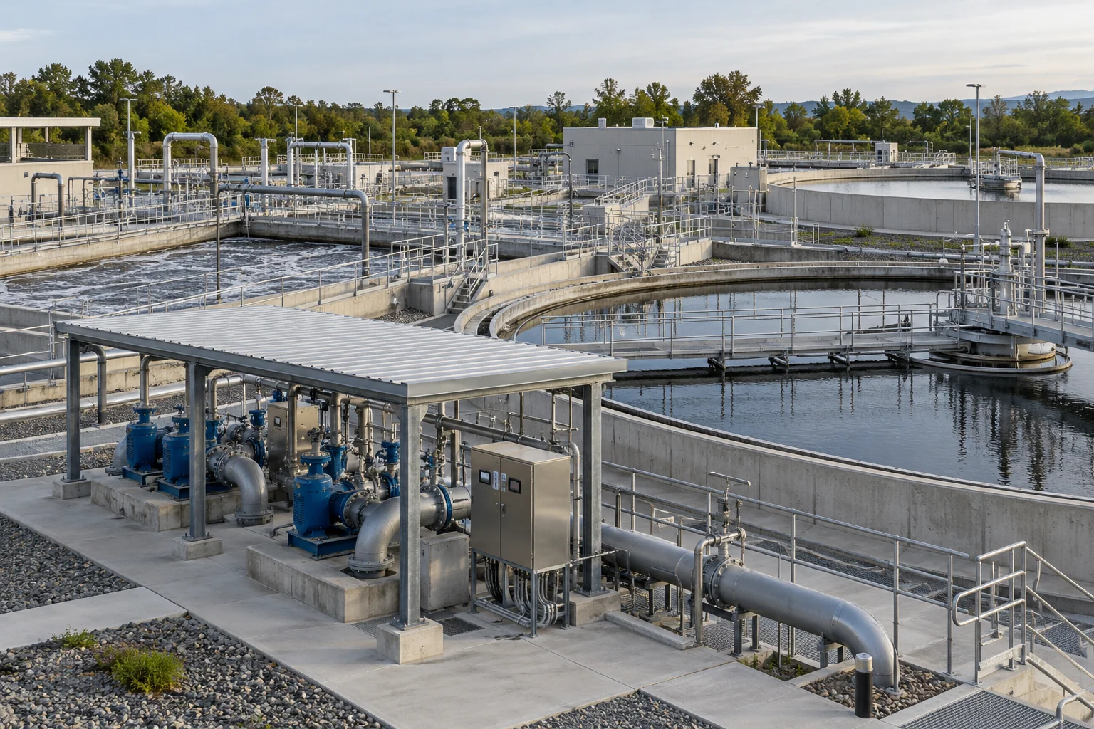 A wastewater treatment facility with clarifiers, aeration basins, process piping, and a pumping-station control enclosure