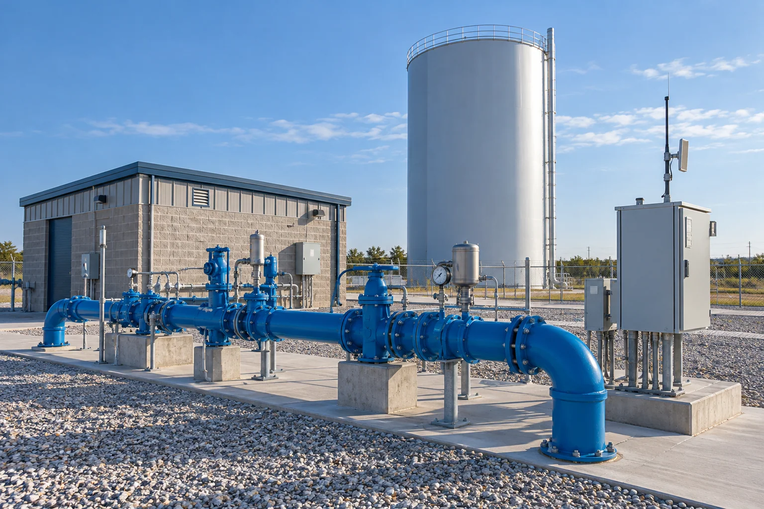 A water supply site with a well-pump building, standpipe storage tank, process piping, and telemetry equipment
